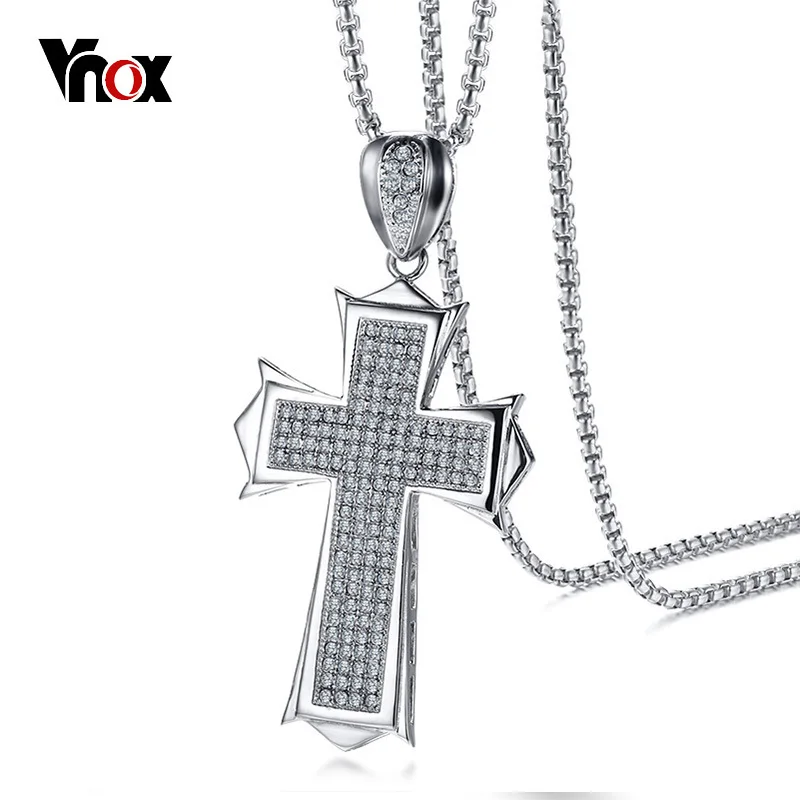 

Vnox Punk AAA CZ Stones Large Cross Pendant for Men Necklace Top Quality Stainless Steel 24"/30" Box/ Curb Chain Rocky Male Jewe