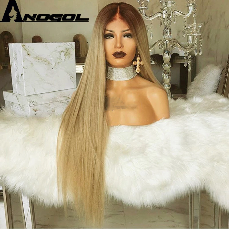 Anogol High Temperature Fiber Peruca Long Straight Synthetic Hair Wig Brown Ombre Ash Blonde Swiss Lace Front Wigs for Cosplay