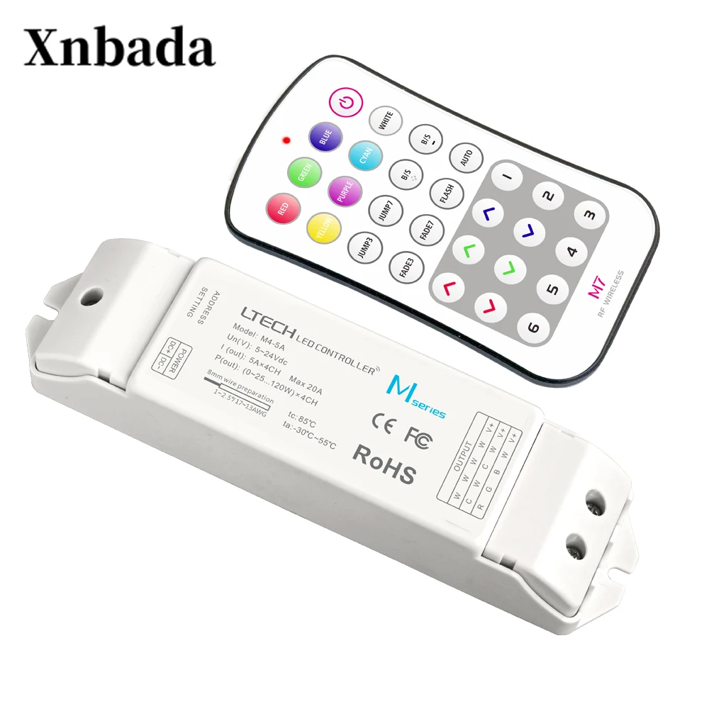 

LTECH M7+M4-5A Led RGB Controller M4-5A Receiver M7 RF Wireless Touch Remote;DC5~24V 5Ax4CH 20A Output for RGB LED Strip