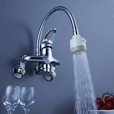 Chrome Finish Brass Kitchen Faucet with Flexible Spout Wall Mount