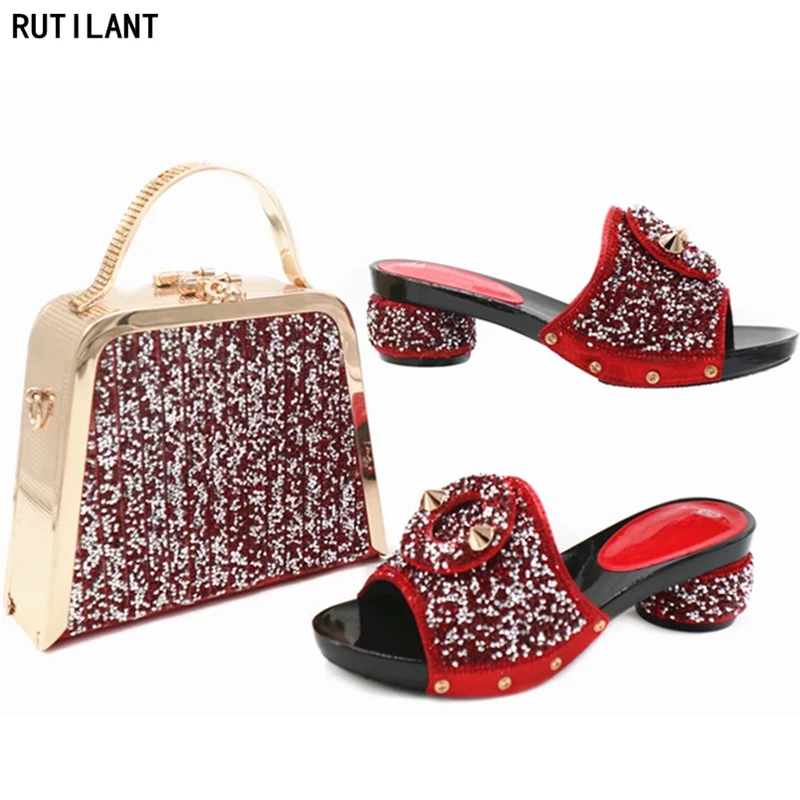 

New African Shoes and Matching Bags Italian Red Color Matching Italian Shoe and Bag Set Decorated with Rhinestone Crystal Shoes