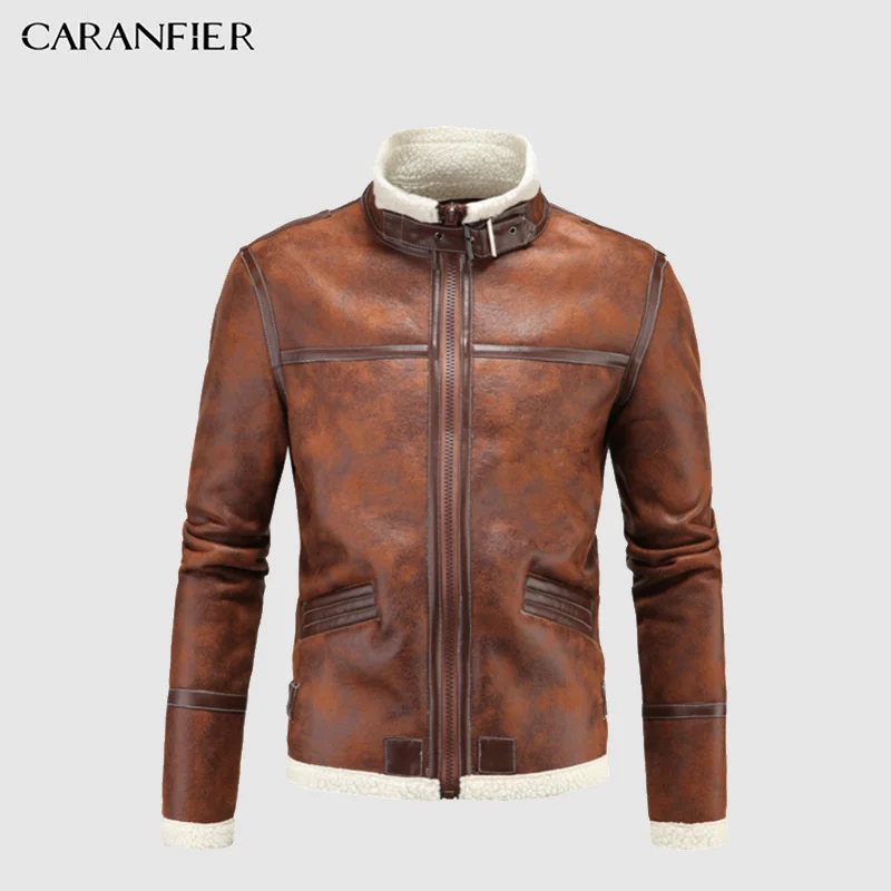 

CARANFIER Mens Leather Jackets Winter Thicken Warm Vintage Stand Collar Coats Motorcycle Biker Zipper Windproof Slim Outerwear