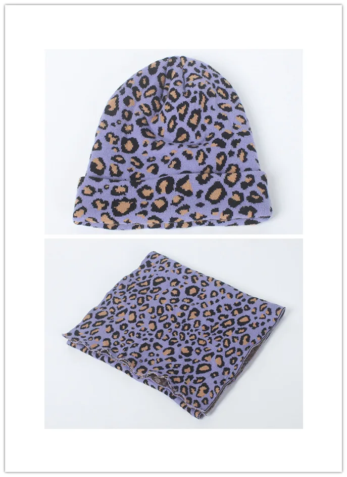 Модный комплект из шапки и шарфа унисекс с леопардовым принтом; сезон осень-зима; Двойные шапки-бини для женщин; эластичные теплые шарфы; шапка с помпонами - Цвет: purple set
