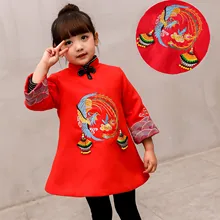 Красное платье Чонсам для девочек; коллекция года; Сезон Зима; Новогоднее платье с вышивкой; утепленное платье для маленьких девочек в традиционном китайском стиле; Tang