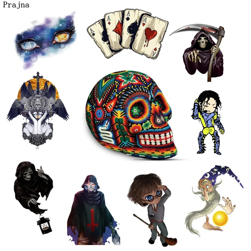 

Prajna Heat Thermal Transfer Stickers Punk Skull Wizard Jackson Patches Iron On Transfers DIY Applique On Clothes