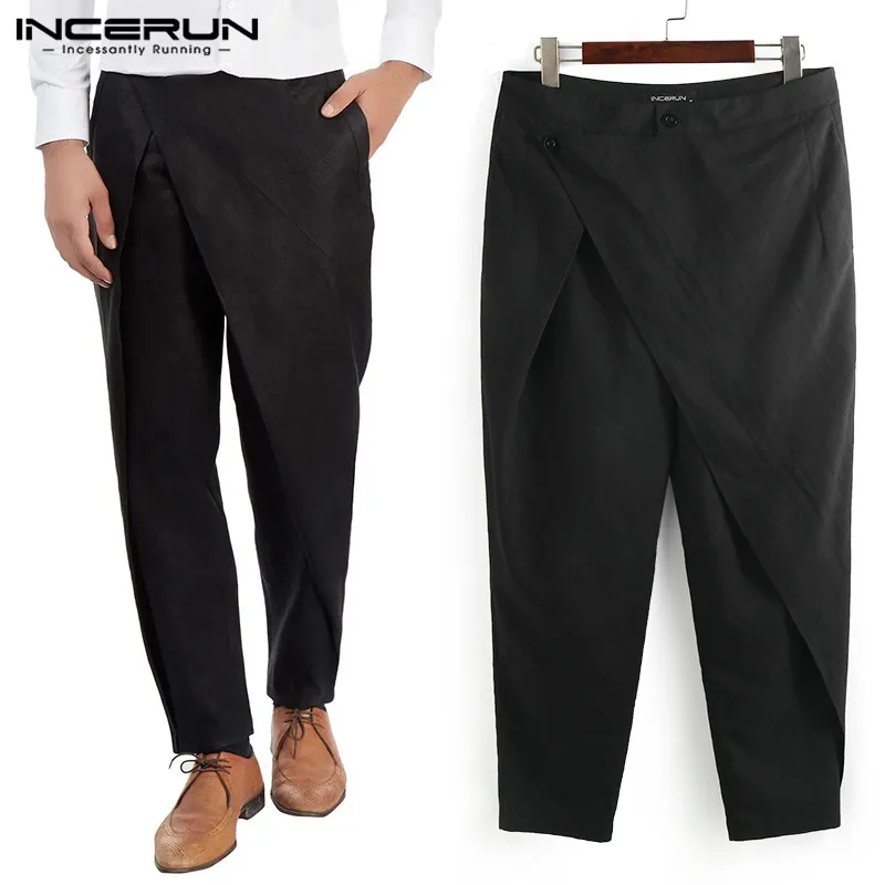 

INCERUN Fashion Irregular Men Suit Pants Solid Joggers Streetwear Loose Pants Button Muslim Clothing Casual Trousers Men 2020