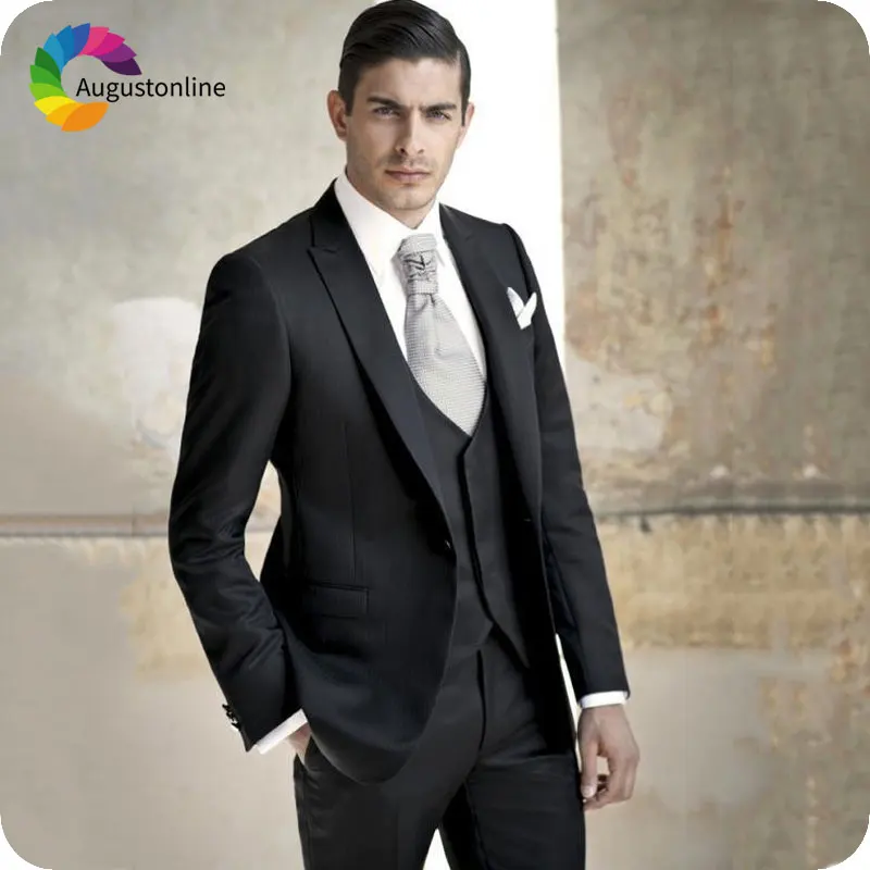 Italian Black Men's Classic Suits Peaked Lapel Groom Wear Groomsmen Suit 3Piece Jacket Pants Vest Slim Fit Ternos Costume Homme