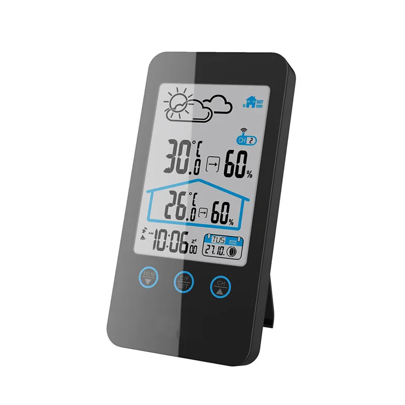 

LED Color Screen Indoor Outdoor Temperature Meteorological Digital Temperature Hygrometer Time Date Touch Humidity Monitor