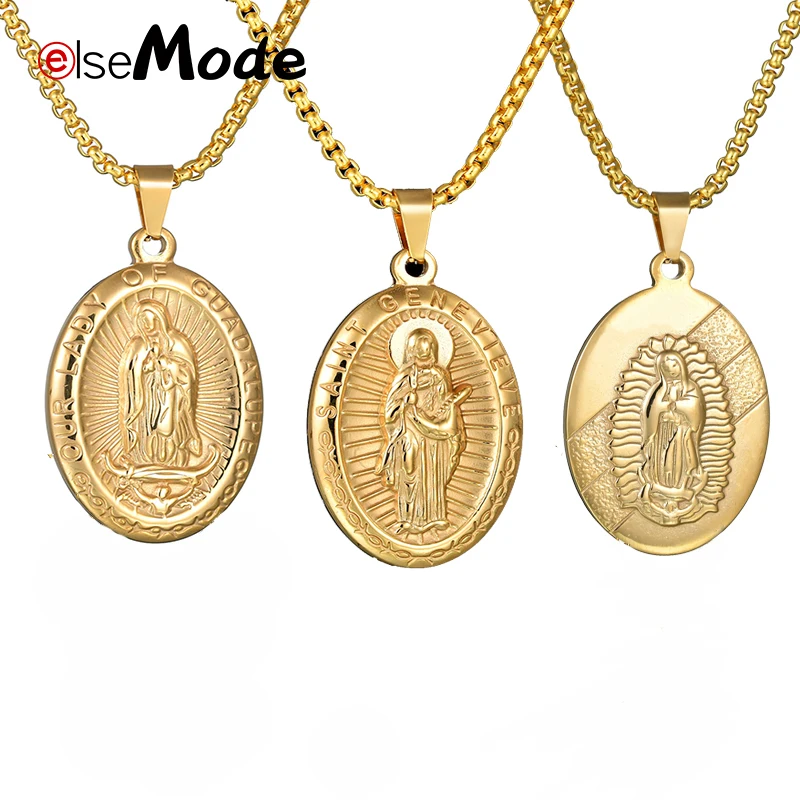 

ELSEMODE Holy Virgin Mary Prayer Pendant Necklaces Gold 316L Stainless Steel Amulet Necklace Women Men Charm Jewelry