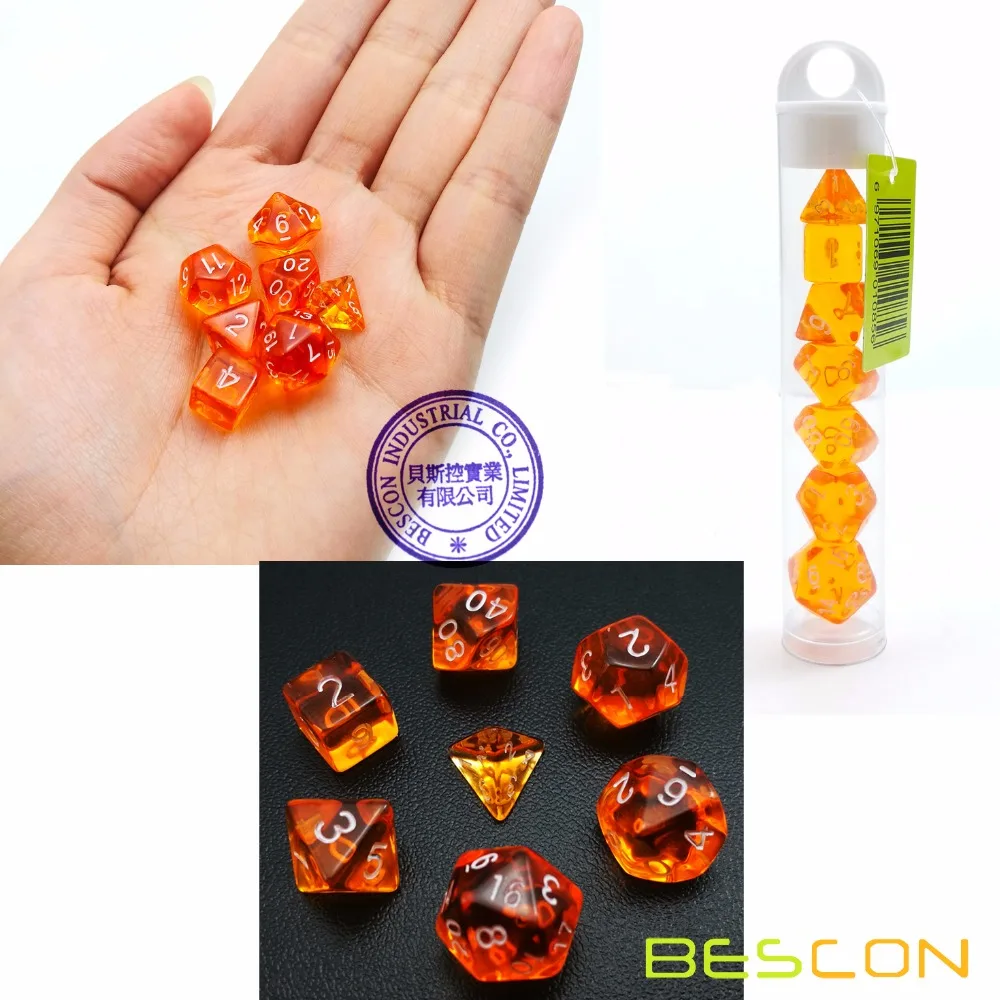 

Bescon Mini Translucent Polyhedral RPG Dice Set 10MM, Small RPG Role Playing Game Dice Set D4-D20 in Tube, Transparent Orange