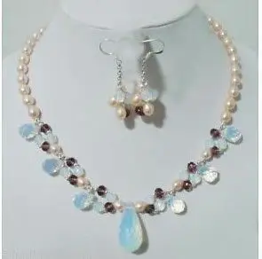 

new Style Hot sale********Pink Pearl Blue Opal stone Pendant Necklace Earring Fashion Wedding Party Jewellery