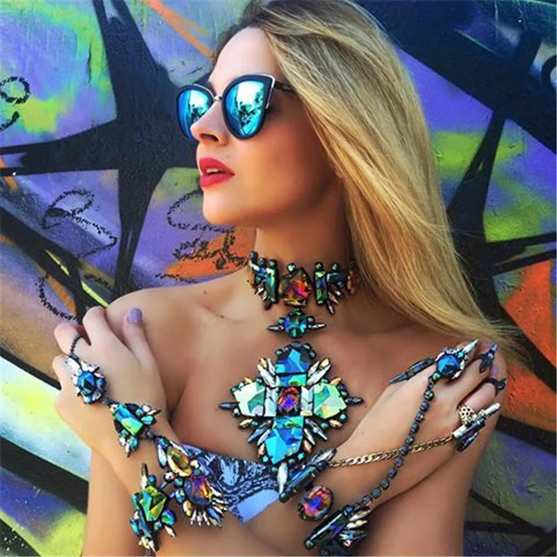 

Boho Multicolored Sexy Luxury Crystal Chockers Wedding Engagement Women Statement Necklace&Pendant