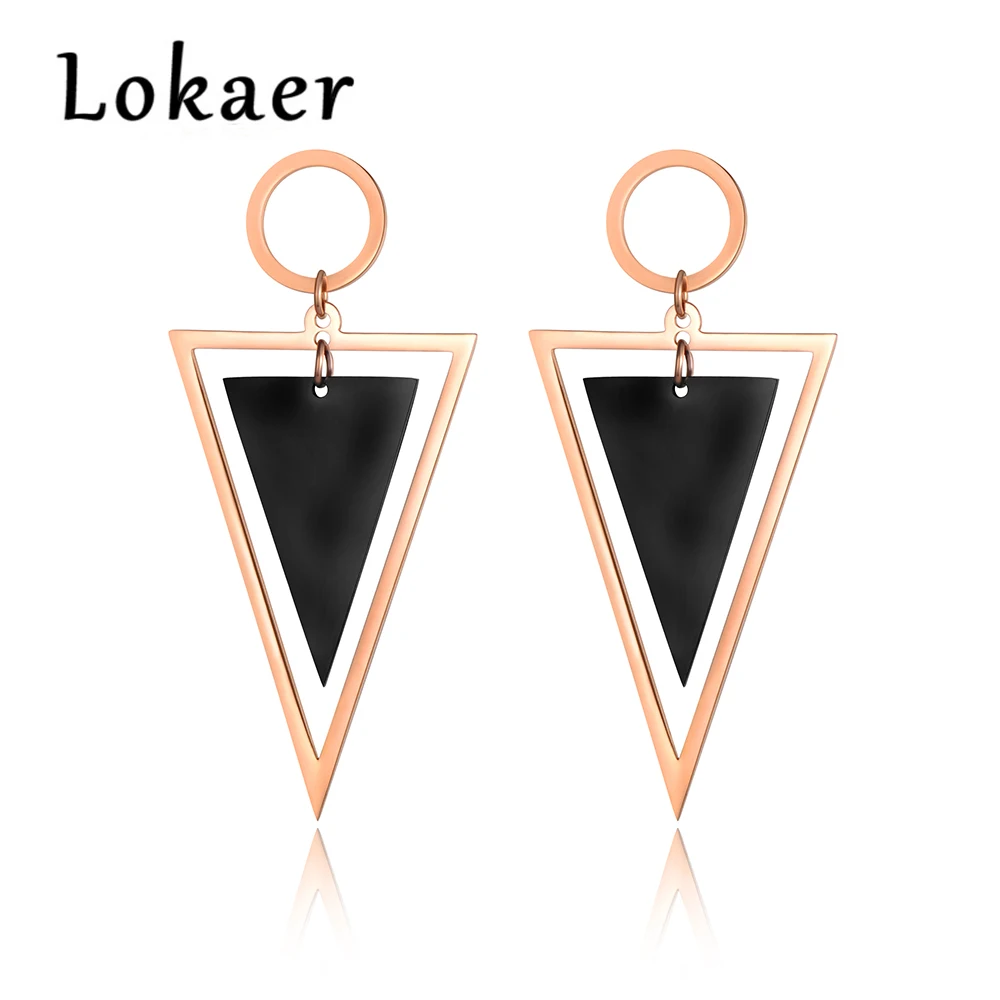 Lokaer New Punk Stainless Steel Female Black Hollow Triangle Stud Earrings For Women Geometric Earrings oorbellen E18112