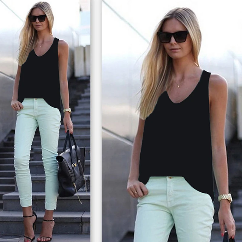 New Women's Solid Color Sleeveless V-neck Slim Summer Chiffon Blouse Blusas Mujer De Moda 2019 New Women's Solid Color Sleeveless V-neck Slim Summer Chiffon Blouse Blusas Mujer De Moda 2019