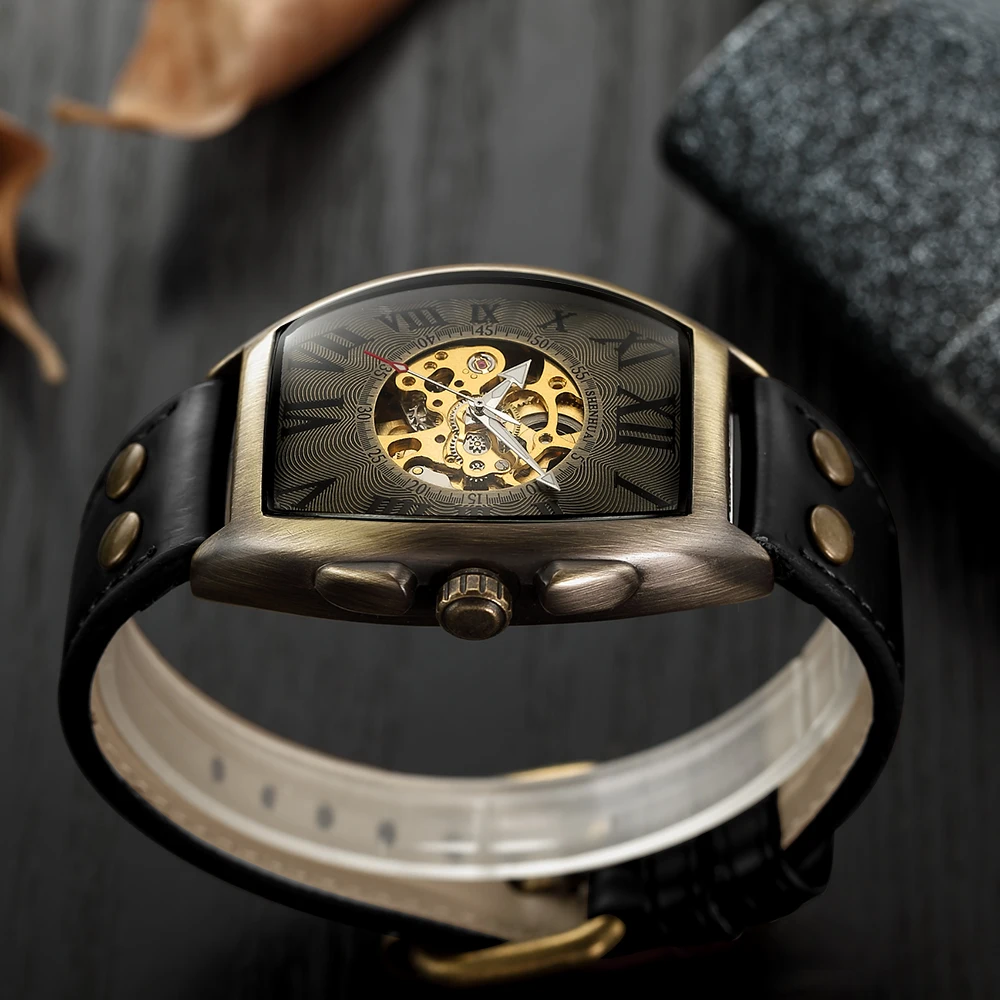 Прозрачные автоматические механические часы со скелетом, мужские часы из натуральной кожи с ремешком, лучший бренд, роскошные, с самообмоткой, мужские часы в стиле ретро
