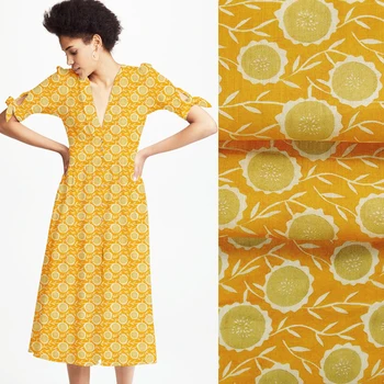 

140CM Wide 17MM Floral Print Yellow Ramie Fabric Good for Summer Dress Skirt Shirt Pants JH063