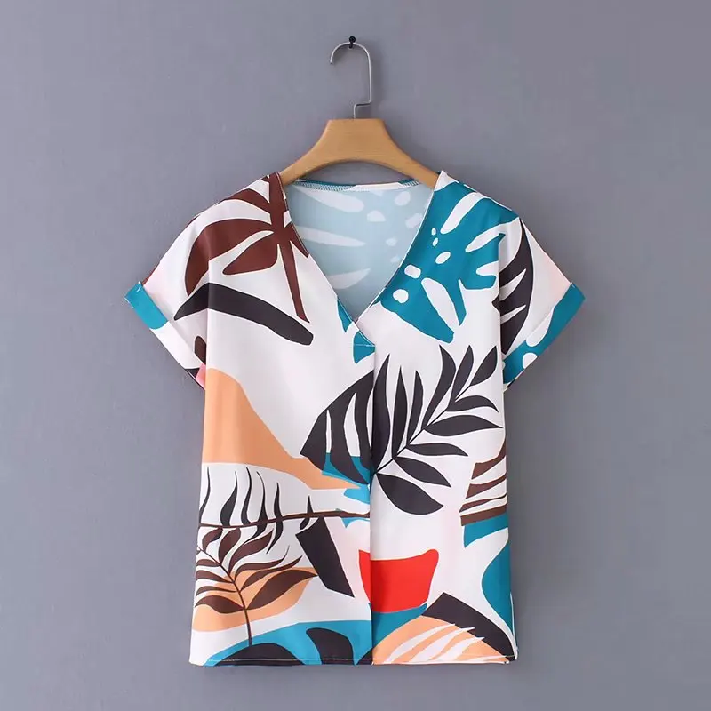 

new women tropical palm leaves print causal blouse v neck short sleeve shirts women summer chic blusas chic chemise tops LS3585