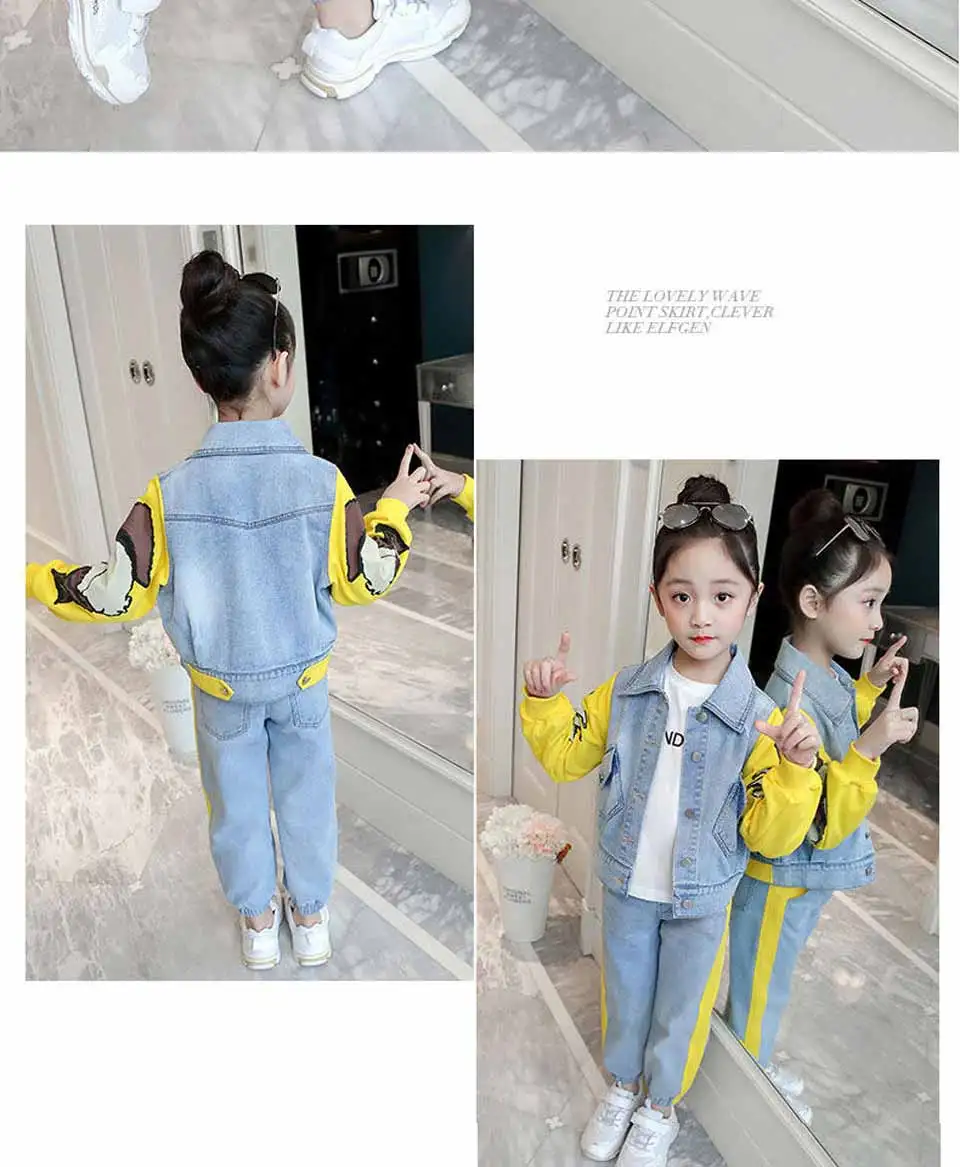 Autumn Girls Set Cartoon Pattern Jacket+Jeans Fashion Clothing For Girls Teenage Spring Clothes For Kids 4 6 8 12 13 Years