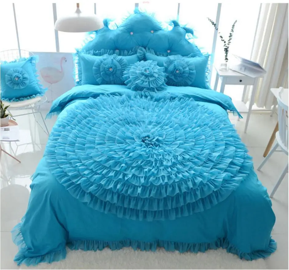 cheap Blue Lace Flower Bedding Sets King Queen 4pcs Princess Quilt Cover Set Girl Solid Color Bedclothes Bed Skirt Pillowcases Cotton