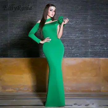 

Green Mermaid Mother of the Bride Evening Dresses One Shoulder Satin Bow Saudi Arabian Long Sleeve Arabic Evening Gowns vestidos