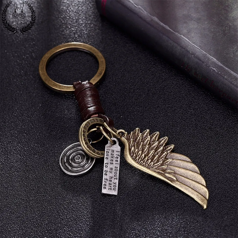 

Vintage alloy animal wing suspension pendant keychain key ring mens 2018 Retro leather cowhide car keys holders trinket jewelry