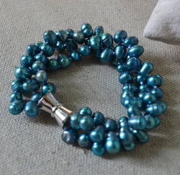 

Perfect Women's Pearl Jewelry,Teal 100% Real Freshwater Pearl Bracelet,3Rows Baroque 6-7mm Wedding Party Bracelet