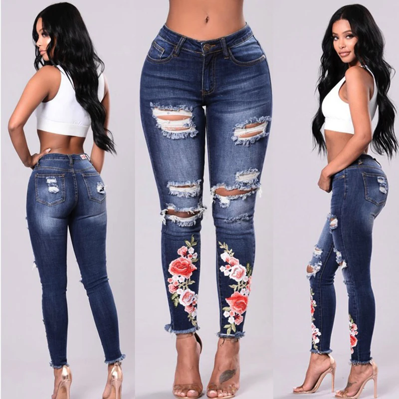 

Ripped hole fashion Jeans Women High Waist skinny pencil Denim Pants bleached Stretch embroidery sexy Jeans women high street
