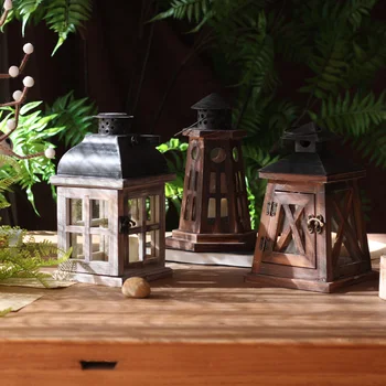 

Rustic Vintage 25cm Wood Hollow Lantern House Shape Candle Holder Articles Candlestick Hanging Lantern Home Garden Decor Gifts