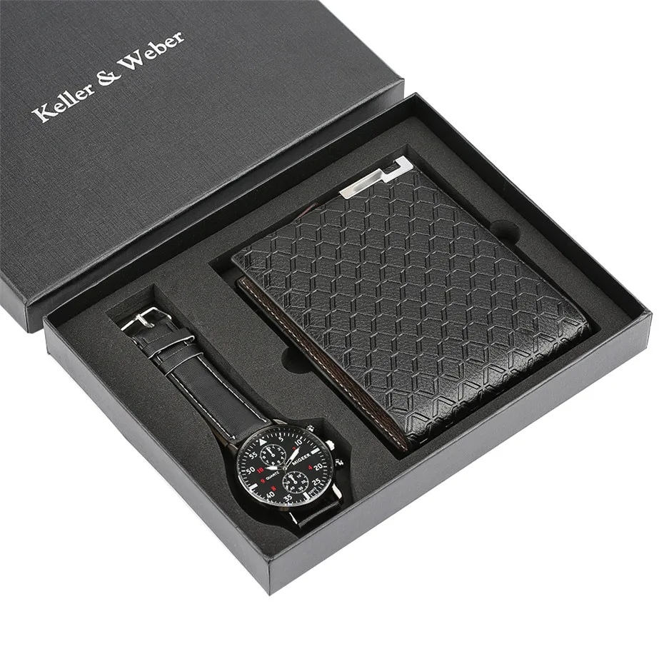 Повседневные Черные часы+ бумажник подарочный набор для мужчин Роскошные крутые мужские наручные часы модные часы подарки на день рождения для отца Reloj