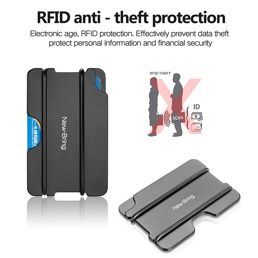 NewBring Fashion Metal ID Credit Card Holder Black Pocket Box Business Cards Wallet With RFID Anti-chief Wallet Men
