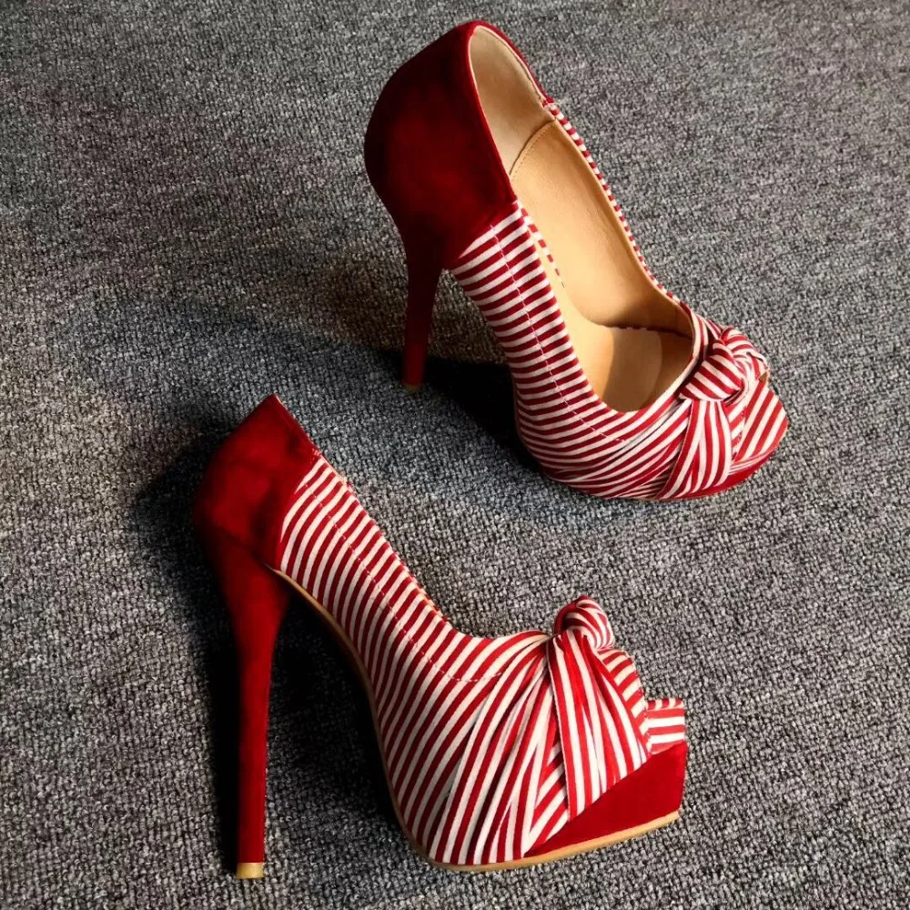 Olomm/женские туфли-лодочки на платформе; туфли-лодочки на высоком каблуке-шпильке; туфли с бантом и открытым носком; Цвет черный, красный; женские туфли в полоску; большие размеры США 5-15
