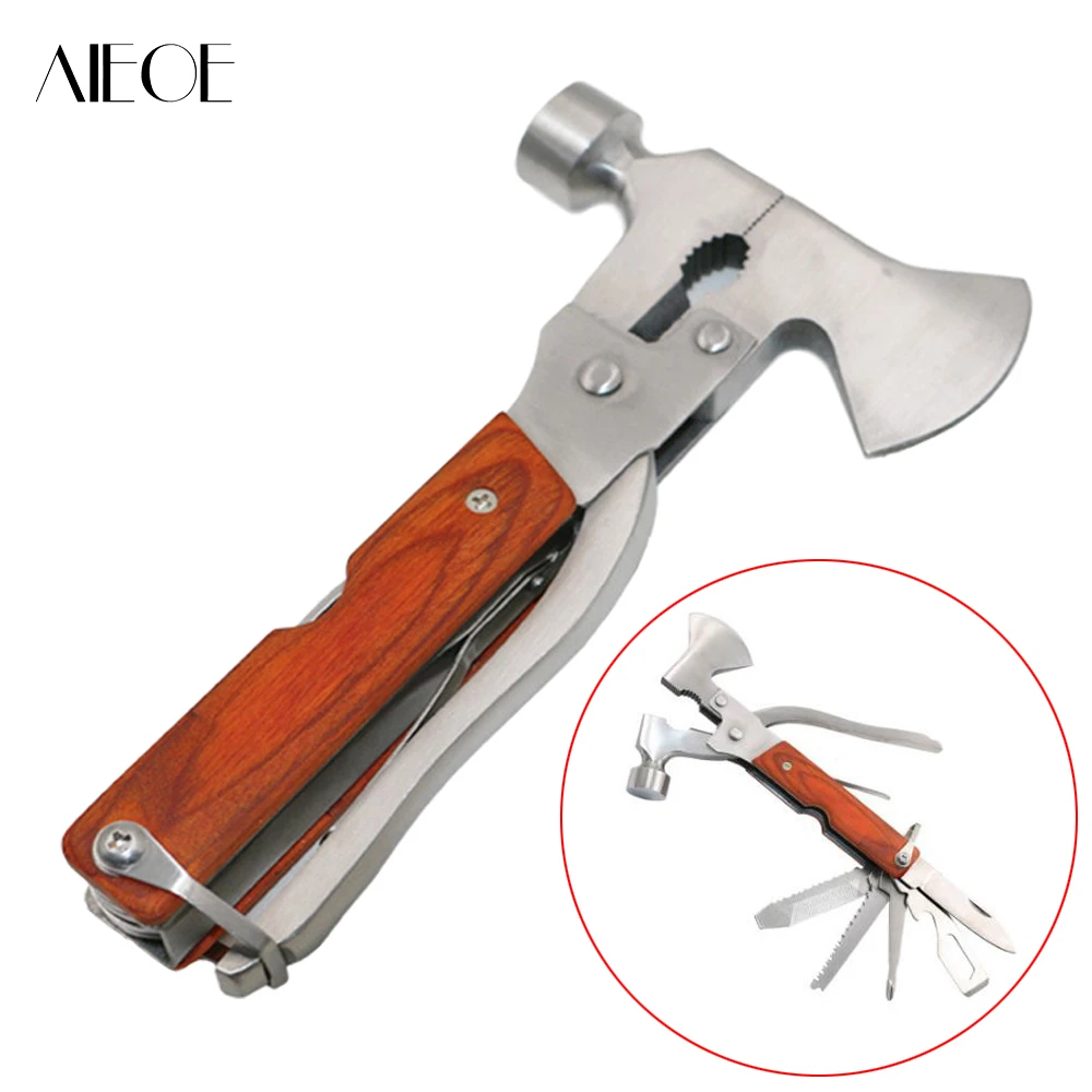AIEOE 18 In 1 Multifunction Multitool Camping Survival Hammer Wood