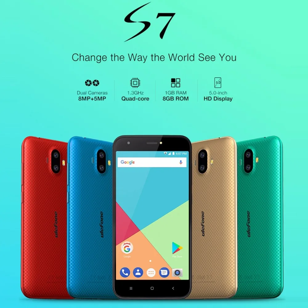 Original Ulefone S7 Dual Rear Cameras Mobile Phone Android 7.0 MTK6580A Quad Core 5.0''HD 8MP 1GB RAM 8GB ROM WCDMA 3G 2500mAh