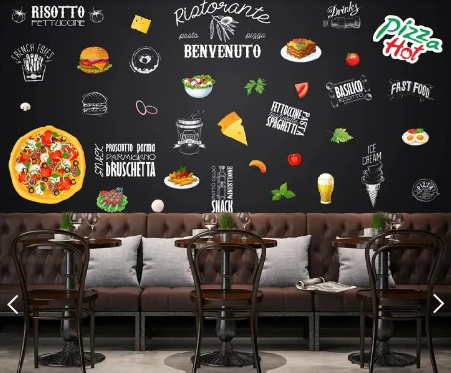 European FAST FOOD Pizza Restaurant Wallpaper Wall Paper Roll for Bar Black Color Background Mural Art Decor Custom | Обустройство