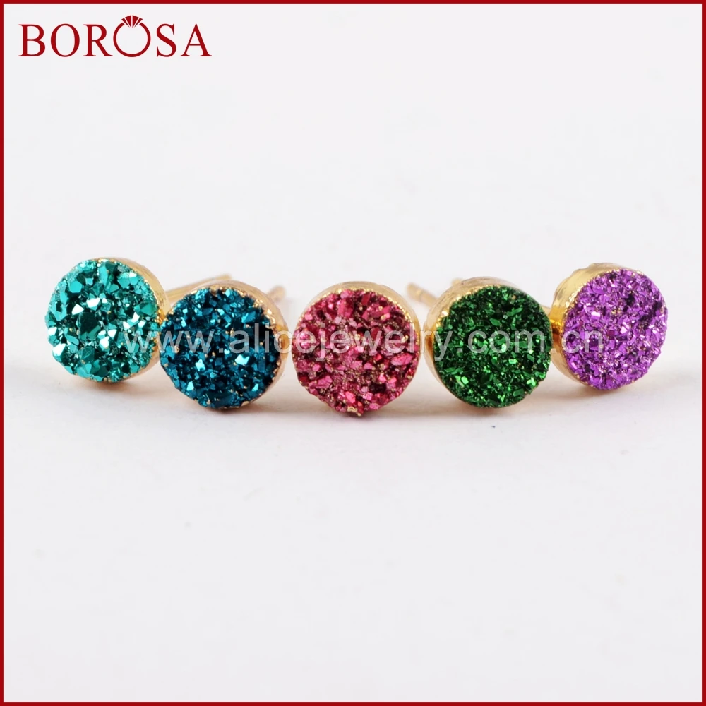 BOROSA Design 6mm Round Gold Color Titanium Mixed Electroplated Druzy Stud Earrings Fashion Drusy Jewelry G1619 | Украшения и