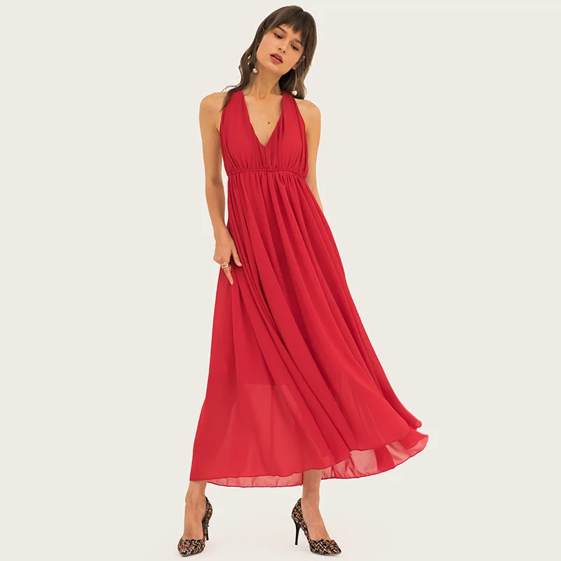 

Wasteheart Summer Lanon Women Red Black Long Dresses Backless Halter Ankle-Length Sexy Plus Size Sexy Club Evening Party Dresses
