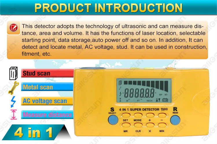 ALL SUN TS99 4 In 1 Detector Ultrasonic Household Detector Stud/Metal/Voltage/Distance Laser