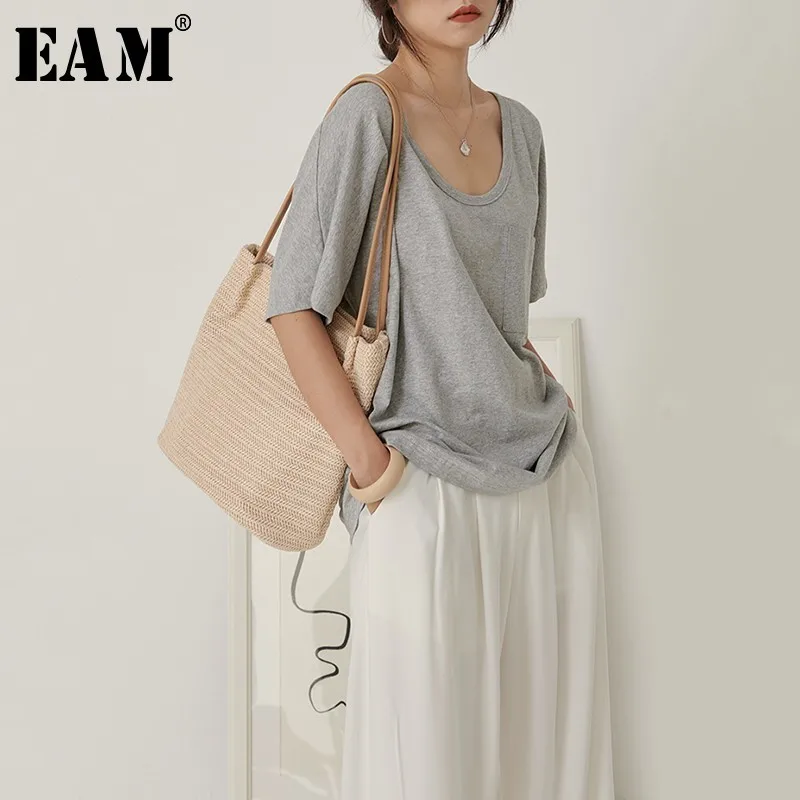 

[EAM] 2019 New Spring Summer Round Neck Half Sleeve Pockets Brief Temperament Loose Big Size T-shirt Women Fashion Tide JX779