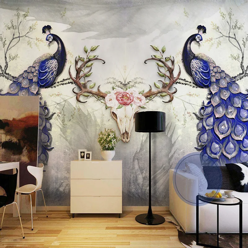 

Blue Peacock Auspicious Deer Hand Painted Wall Painting Creative Chinese Style Living Room TV Background Wall Mural Wallpaper 3D