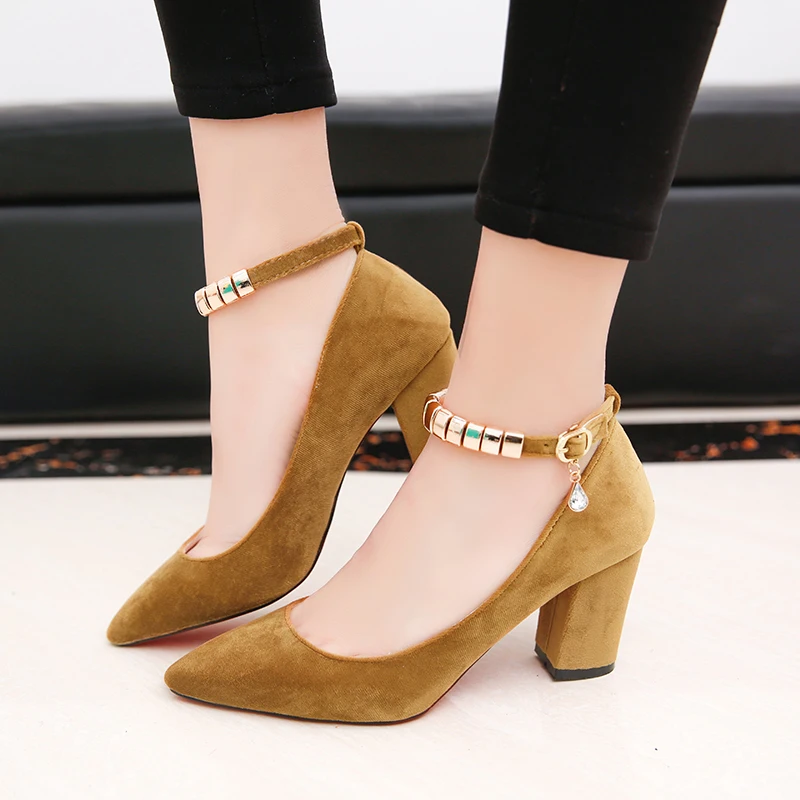 S067 Mujeres Hebilla Primavera Correa Altos Tobillo Tacones Faux Vestido amarillo 2017 Bombas verde Negro Seude Zapatos Metal Mujer rosado Fwq4xcOH6