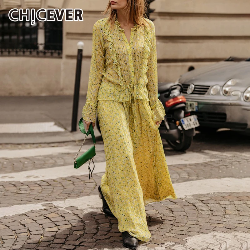

CHICEVER Autumn Prairie Chic Style Dress Women Fashion New Flare Sleeve V Neck Ruffles High Waist Print A Line Dresses Female