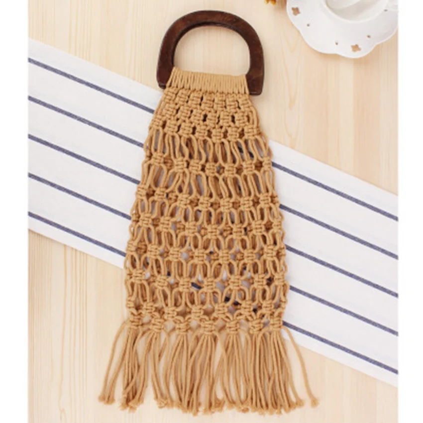 National style new wooden handle portable nets straw bag cotton rope