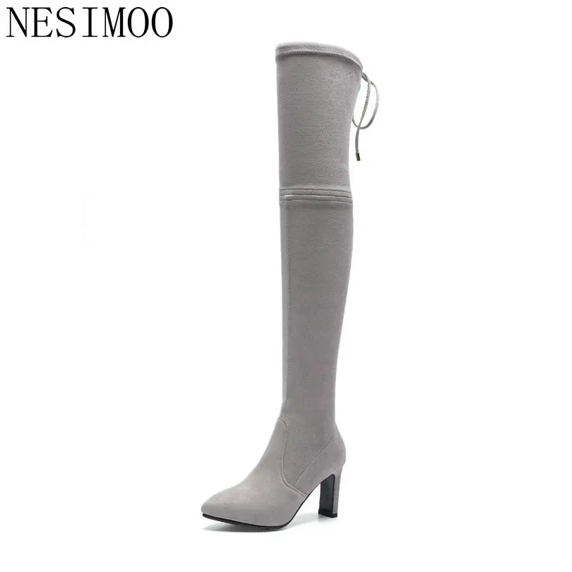 

NESIMOO 2019 Elegant Lace Up Black Winter Over The Knee Boots Shoes Woman Thin High Heel Ladies Motorcycle Boots Size 34-39