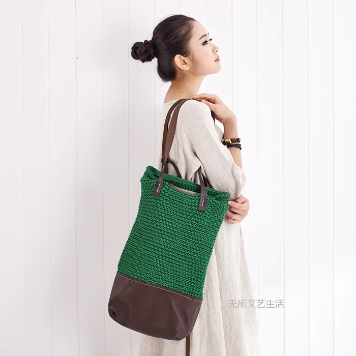 

Free shipping Genuine leather and cotton line handmade knitted women's handbag one shoulder handbag sale
