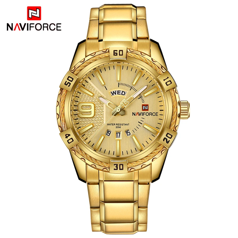 

NAVIFORCE Luxury Brand Mens Sport Watch Gold Full Steel Quartz Watch Men Date Waterproof Military Clock relogio masculino+gift