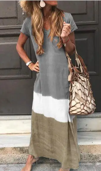 

Summer 2019 New Fashion Spliced Colour Stripe Gradual V-Collar Short Sleeve Dress Casual Long Dress