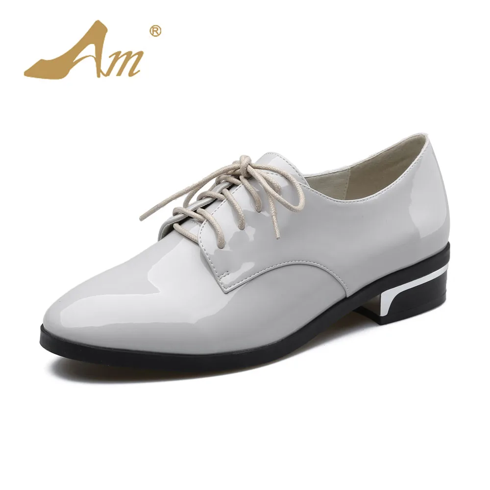 

Ame Spring new patent leather pointed pumps lacing casual student's platform low heels British style comfortable brand shoes