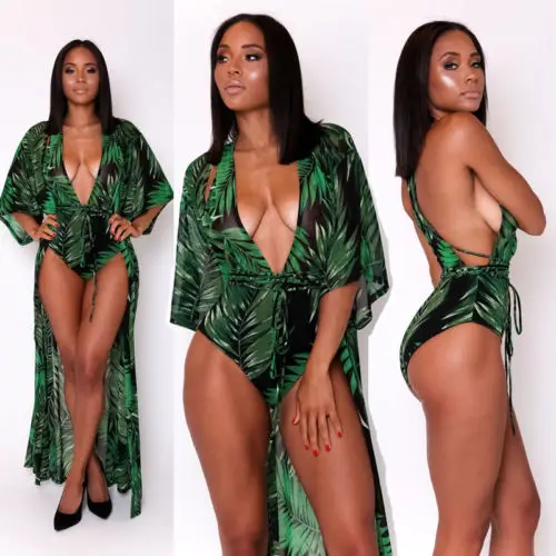 

2PCS Summer Beach Sexy Women Club wear Long Sleeve Green Print Long Maxi Dress Party Jumpsuit Romper Swimwear