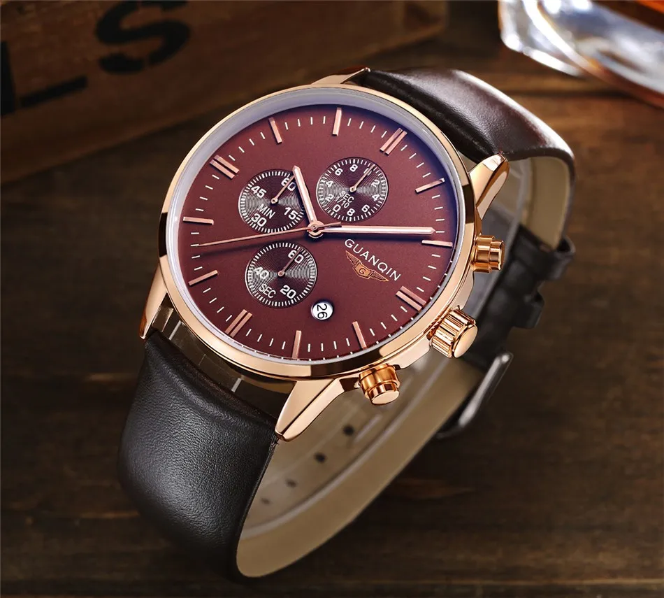 GUANQIN Quartz Watch Mens Watches Top Brand Luxury Chronograph Clock Men Sport Waterproof Leather Wristwatch relogio masculino