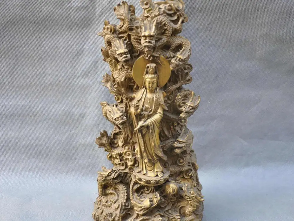 

15'' China Nine Dragons Guanyin Bodhisattva Kwan-yin Buddha Bronze Statue